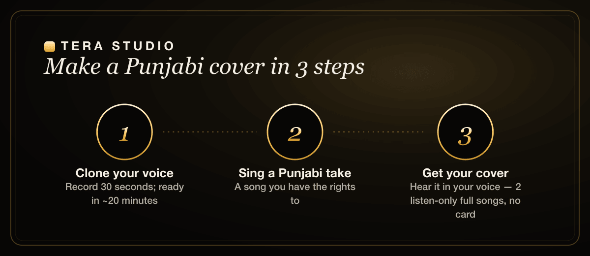 How Punjabi AI cover song conversion works on Tera Studio, from voice clone to finished cover